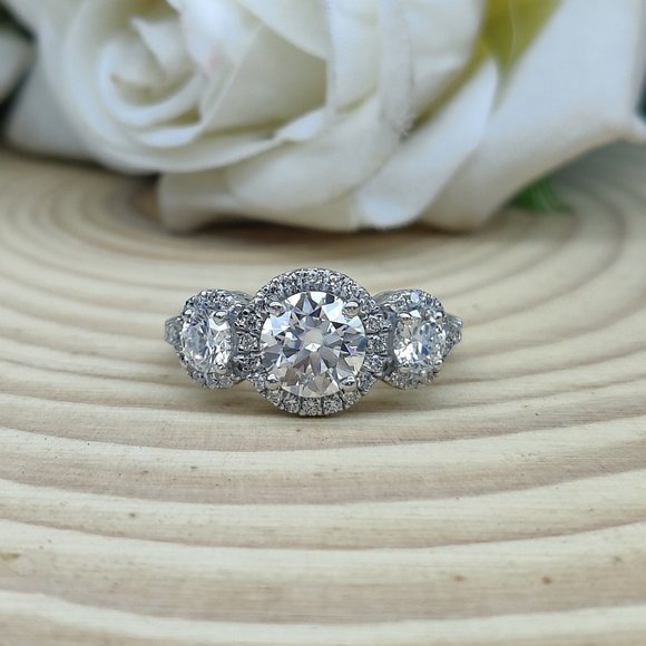 3 Stone Round Moissanite Halo Engagement Ring 14K Gold Plated Size 5.75 - Picture 2 of 4